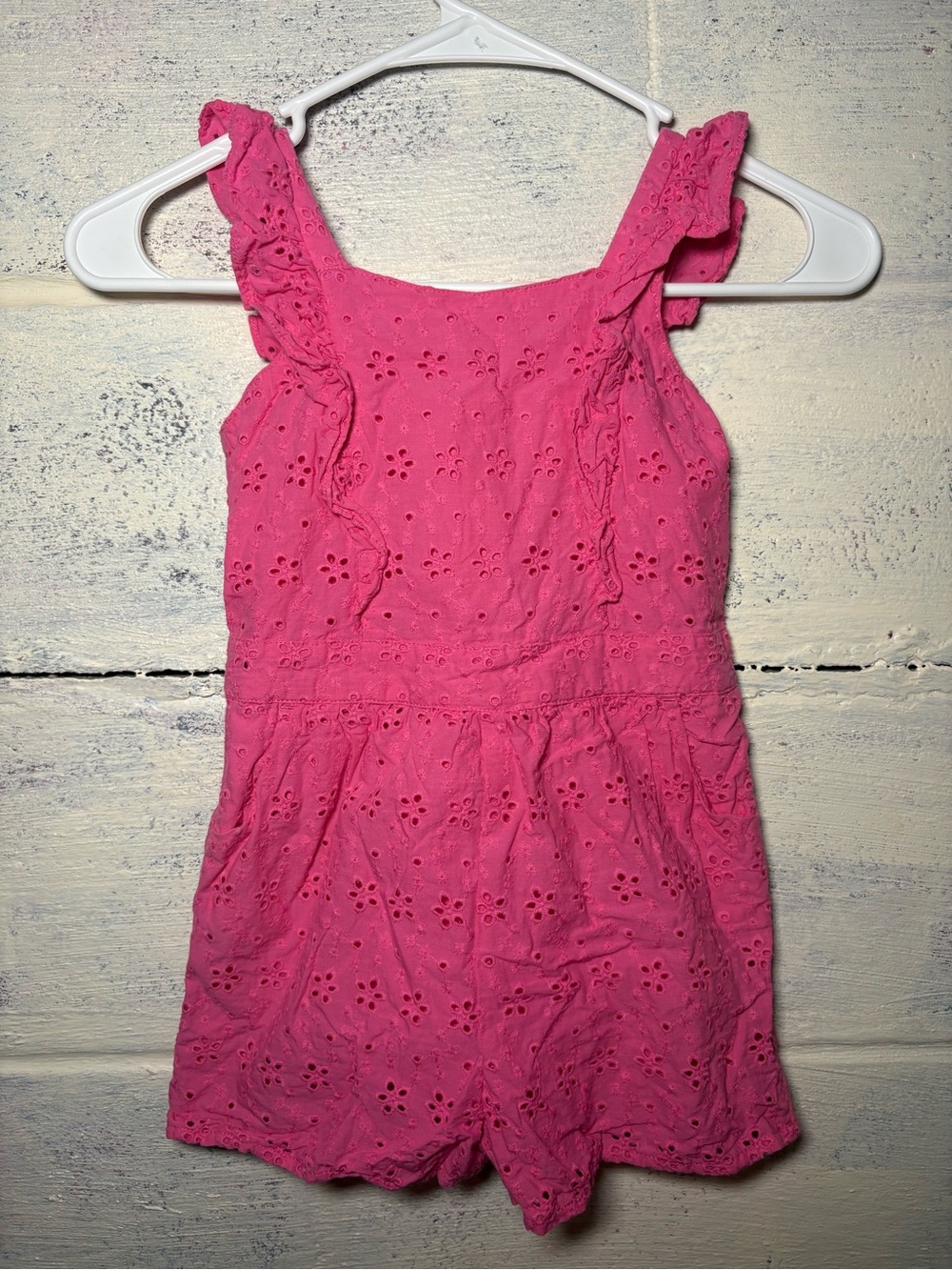 Janie and Jack Pink Eyelet Romper girls size 5 Ruffle Strap Summer Vacation
